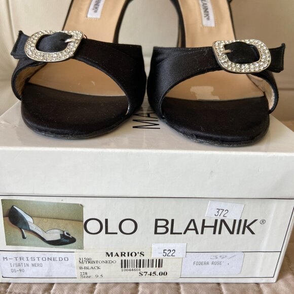 Manolo Blahnik Black Satin Crystal Jeweled Peep-Toe D'Orsay Pumps - Picture 2 of 10